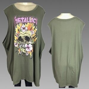 Metallica Plus 6X Skull Floral Name Logo Graphic Tank Top Olive Green Crew Neck